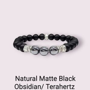 Handmade Natural Terahertz/ Matte Black Obsidian 8mm Beaded Bracelet